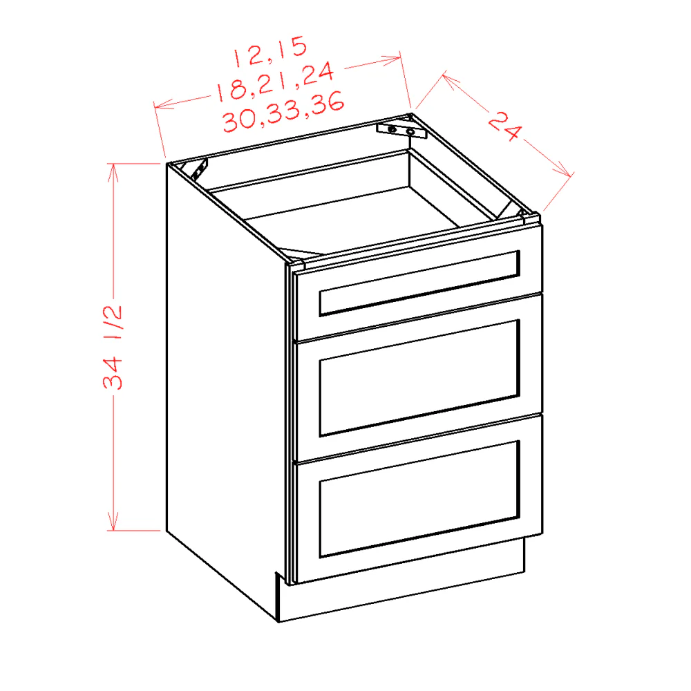Oxford Sage Three Drawer Base Cabinet - 12"W x 34-1/2"H x 24"D