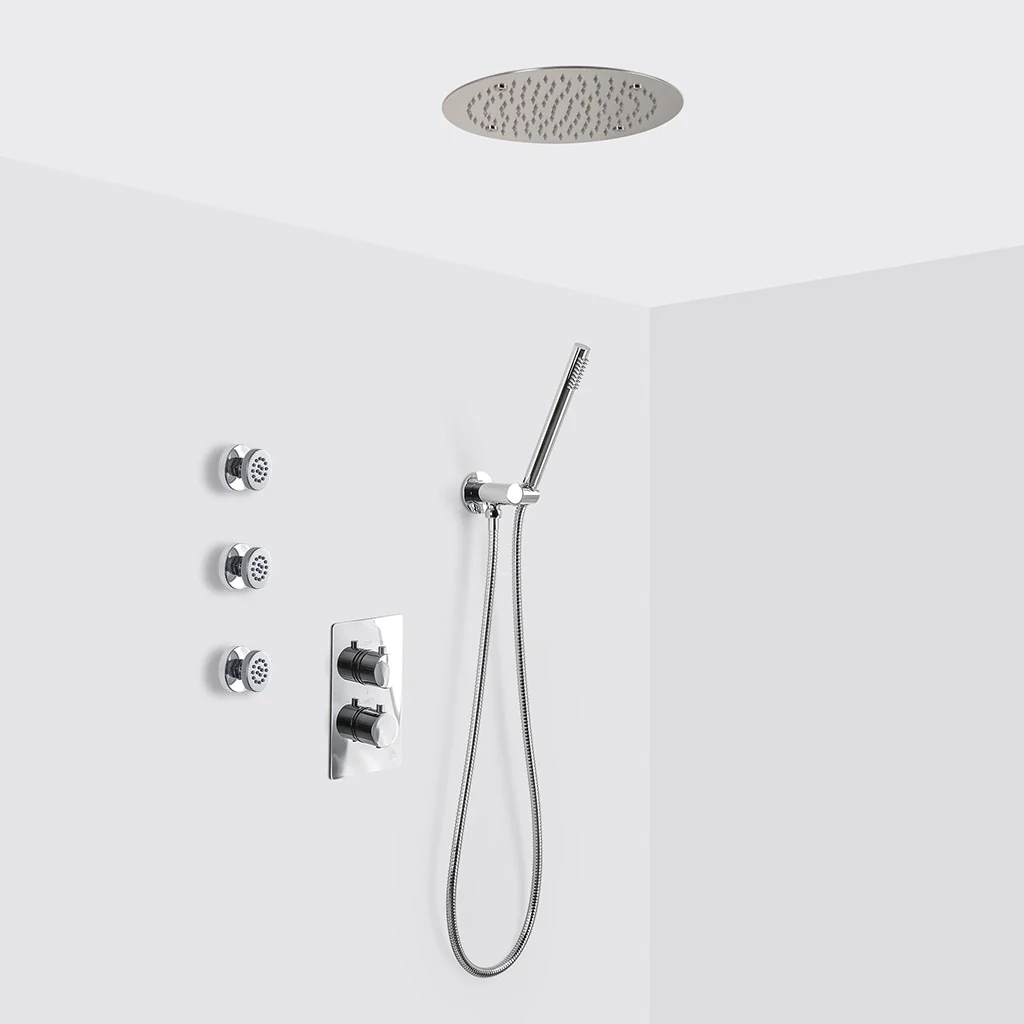 Metro 3 Way Thermostatic Complete Shower Set - Ceiling Mount - 12" Brass/Polished Chrome