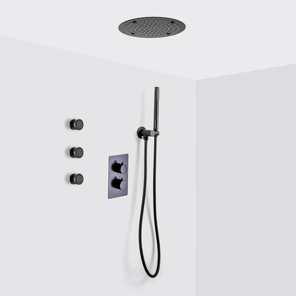 Metro 3 Way Thermostatic Complete Shower Set - Ceiling Mount - 12" Brass/Matt Black