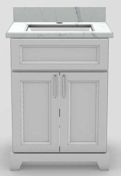 24" Shallow Vanity Bellrose with Bar Handles and 1-Hole Quartz Top - White/Chrome/Glacier/Classic White 1824WHTBLBARCHRGLACSINCLW Stonewood Cabinetry