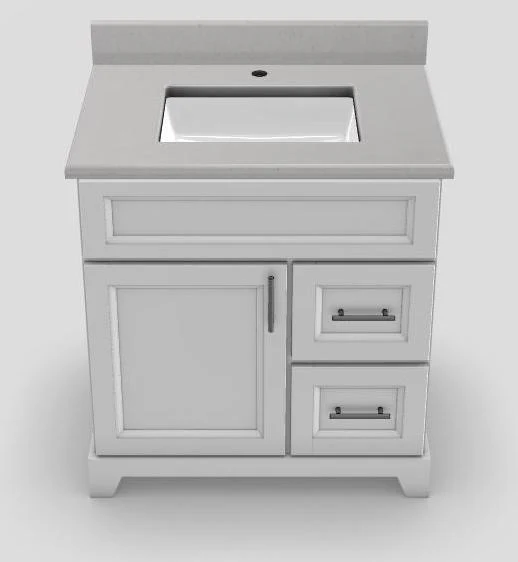 30" RH Drawer Standard Vanity Bellrose with Bar Handles and 1-Hole Quartz Top - White/Brushed Nickel/White Sand/Manhattan White PNT30RHWHTBELBARBNWHTSDMA Stonewood Cabinetry