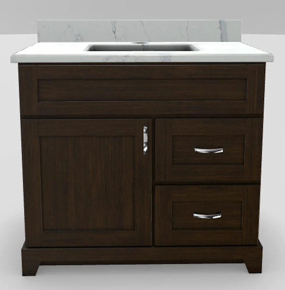 36" RH Drawer Standard Vanity Shaker with Curved Handles and 1-Hole Quartz Top - Chestnut/Chrome/Glacier/Classic White CSTNUT36RHGLCCC Stonewood Cabinetry