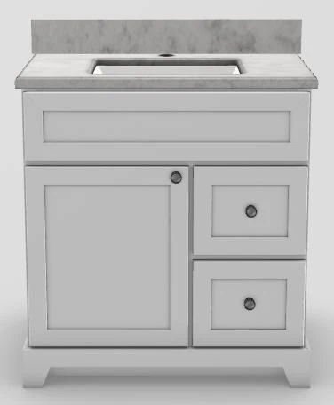 30" RH Drawer Shallow Vanity Modern Shaker with Modern Knobs and 1-Hole Quartz Top - White/Brushed Nickel/Frosty Grey/Classic White 1830WHMSMODBNFRGRYSINCW Stonewood Cabinetry