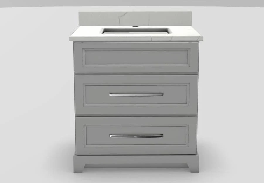 30" Dresser Standard Vanity Bellrose with Long Curved Handles and 1-Hole Quartz Top - Smoke/Chrome/Carrera/Classic White SMK30DRBLLGCHCAR Stonewood Cabinetry