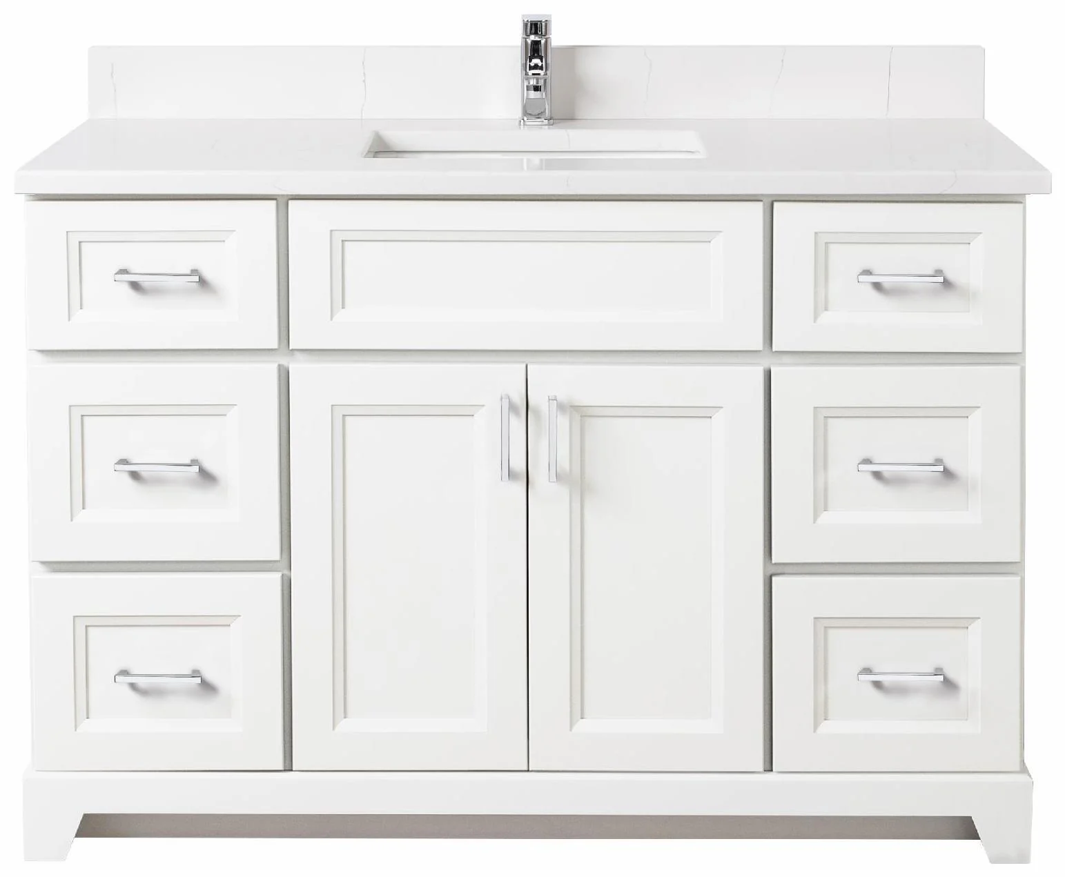 48" Standard Vanity Bellrose with Square Handles and 1-Hole Quartz Top - White/Chrome/Carrera/Classic White 48WHBELSQCHRMCARSINWHT Stonewood Cabinetry