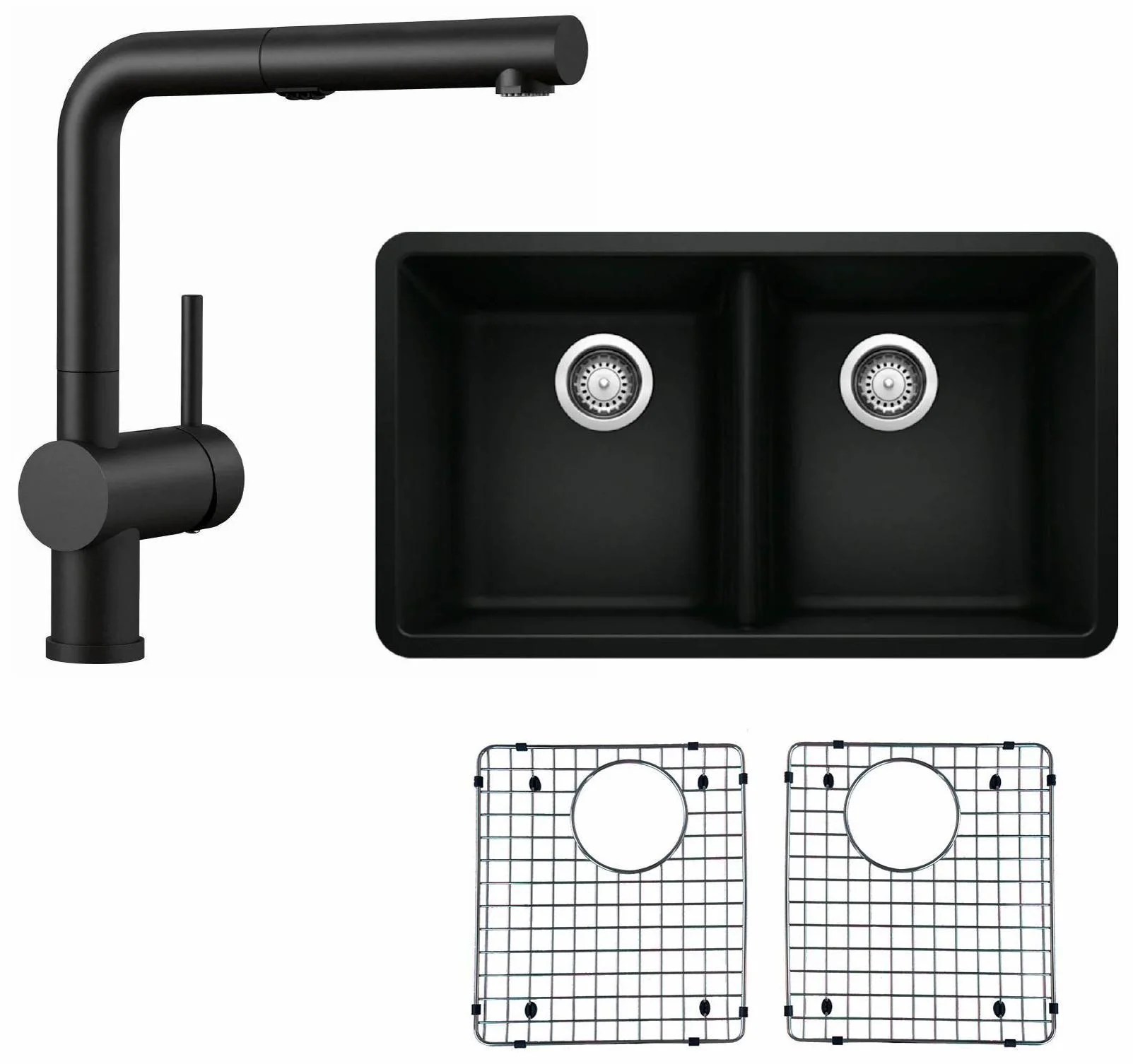 Horizon Undermount Sink with Linus Kitchen Faucet and Sink Grids - Coal Black BDL-402679/526374 Blanco