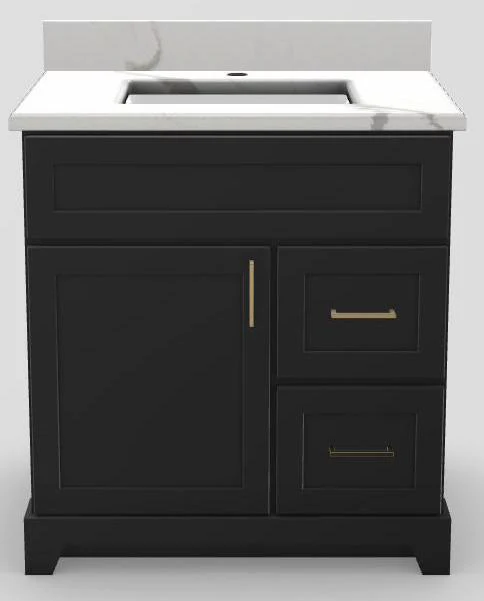 30" RH Drawer Standard Vanity Modern Shaker with Square Handles and 1-Hole Quartz Top - Midnight/Gold/Milano/Manhattan White PRM30RHMIDSHSQGDMIMAN Stonewood Cabinetry