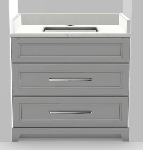 36" Dresser Standard Vanity Bellrose with Long Curved Handles and 1-Hole Quartz Top - Smoke/Chrome/Carrera SMKBL36DRCHRCAR Stonewood Cabinetry