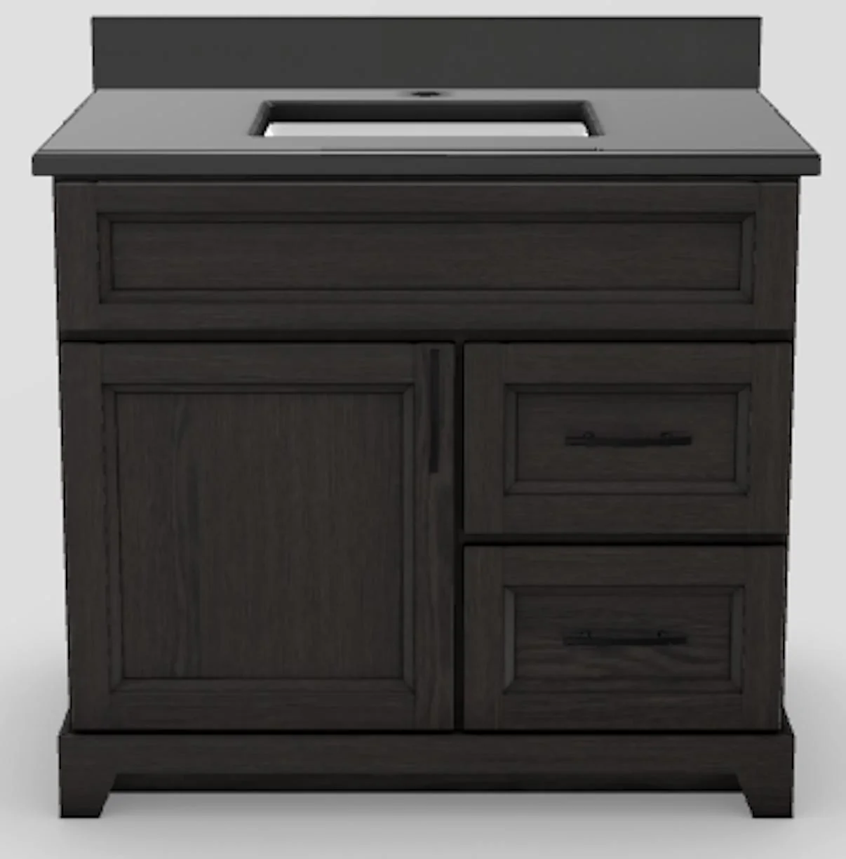 36" RH Drawer Standard Vanity Bellrose with Slim Handles and 1-Hole Quartz Top - Urban Oak/Black/Pewter/Classic White UOAK36RHSLBLPEW Stonewood Cabinetry