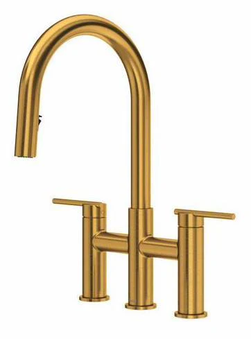 Lateral Bridge Kitchen Faucet with Pulldown Spray with C-Spout - Brushed Gold LT400BG RIOBEL