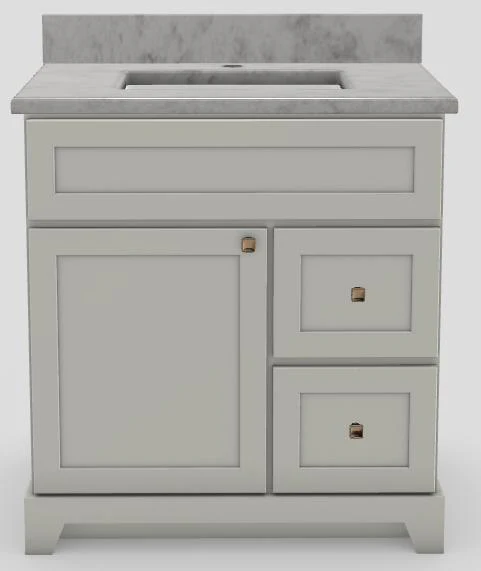30 RH Drawer Standard Vanity Modern Shaker with Prestige Knobs and 1-Hole Quartz Top - Haven/Champagne Bronze/Frosty Grey/Classic White V30RSHVPRTKNBCHBRFRGREY Stonewood Cabinetry