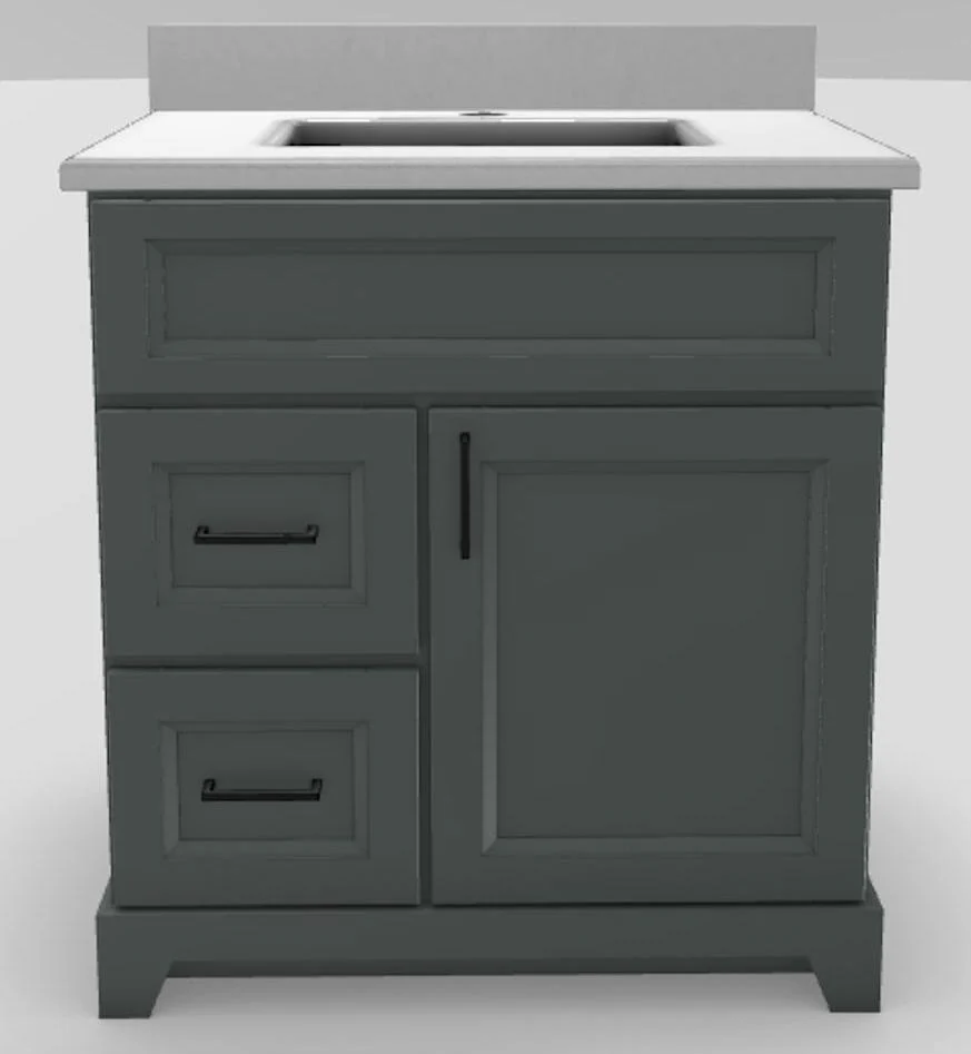 30" LH Drawer Standard Vanity Bellrose with Square Handles and 1-Hole Quartz Top - Moss Grey/Black/Dover White/Classic White PNT30LHMOSSSQBLK Stonewood Cabinetry