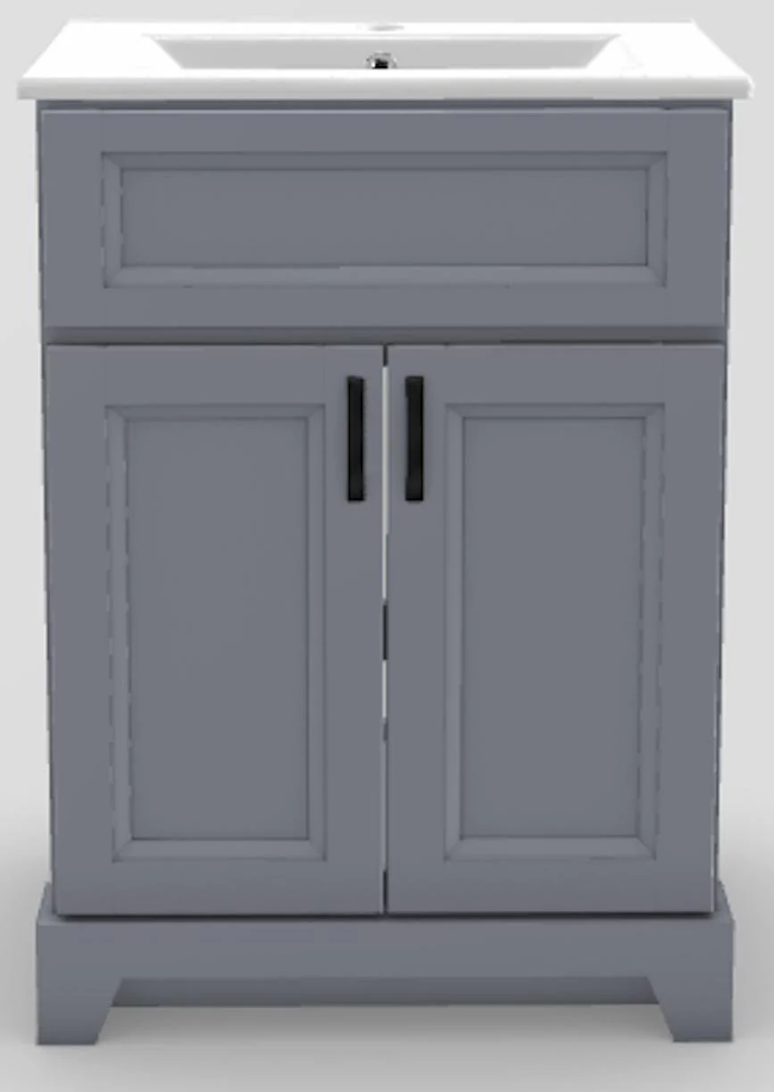 24" Shallow Vanity Bellrose with Curved Handles and Porcelain Top - Dawn/Black PRE24SNGBDWNCVB Stonewood Cabinetry