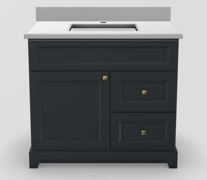 36" RH Drawer Standard Vanity Bellrose with Prestige Handles and 1-Hole Quartz Top - Navy Grey/Gold/Dover White/Classic White PRM36RHDWNAVYBK Stonewood Cabinetry