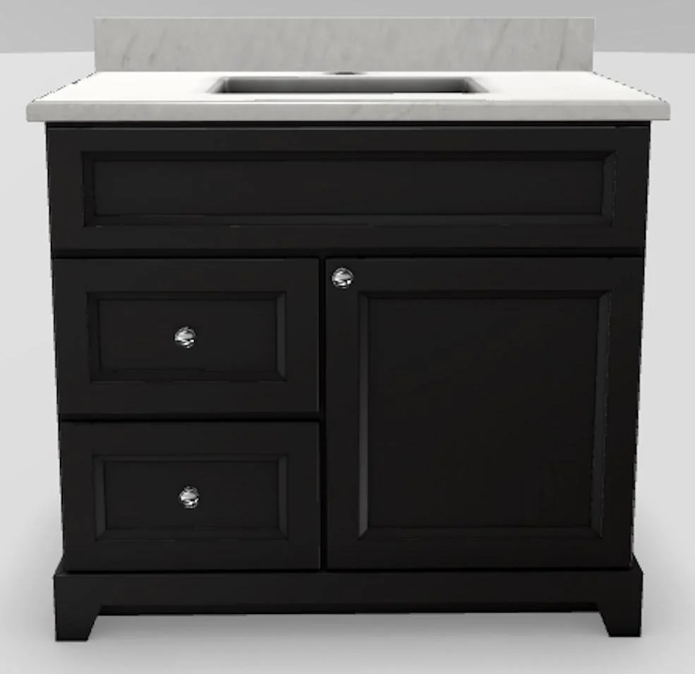 36" LH Drawer Standard Vanity Bellrose with Modern Knobs and 1-Hole Quartz Top - Brown Oak/Chrome/Fantasy/Classic White BOAK36LHFTSYCHRM Stonewood Cabinetry