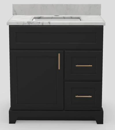 30" RH Shallow Vanity Modern Shaker with Bar Handles and 1-Hole Quartz Top - Midnight/Champagne Bronze/Aurora/Classic White 1830MIDMSBARCHBRAURORA Stonewood Cabinetry