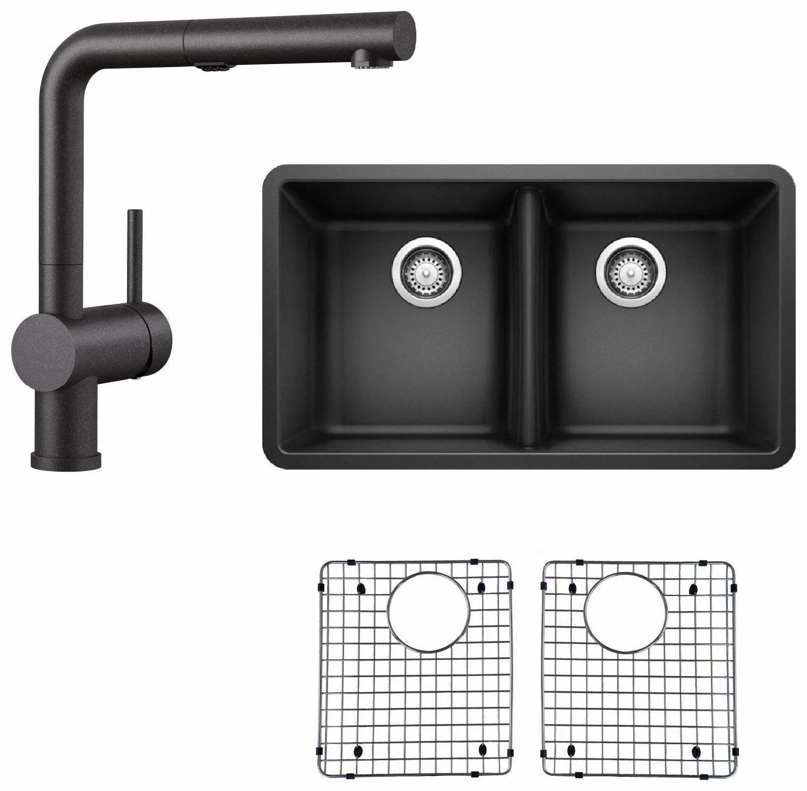 Horizon Undermount Sink with Linus Kitchen Faucet and Sink Grids - Anthracite BDL-401267/526367 Blanco