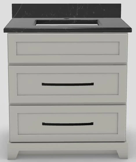 30" Dresser Standard Vanity Modern Shaker with Long Curved Handles and 1-Hole Quartz Top - Haven/Black/Tempest/Classic White 30DSHVCRVBLKTEMPEST Stonewood Cabinetry