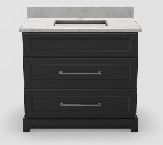 36" Dresser Standard Vanity Bellrose with Long Bevelled Handles and 1-Hole Quartz Top - MIdnight/Brushed Nickel/Frosty Grey/Manhattan White MDBEL36DRBNFRGRYMAN Stonewood Cabinetry