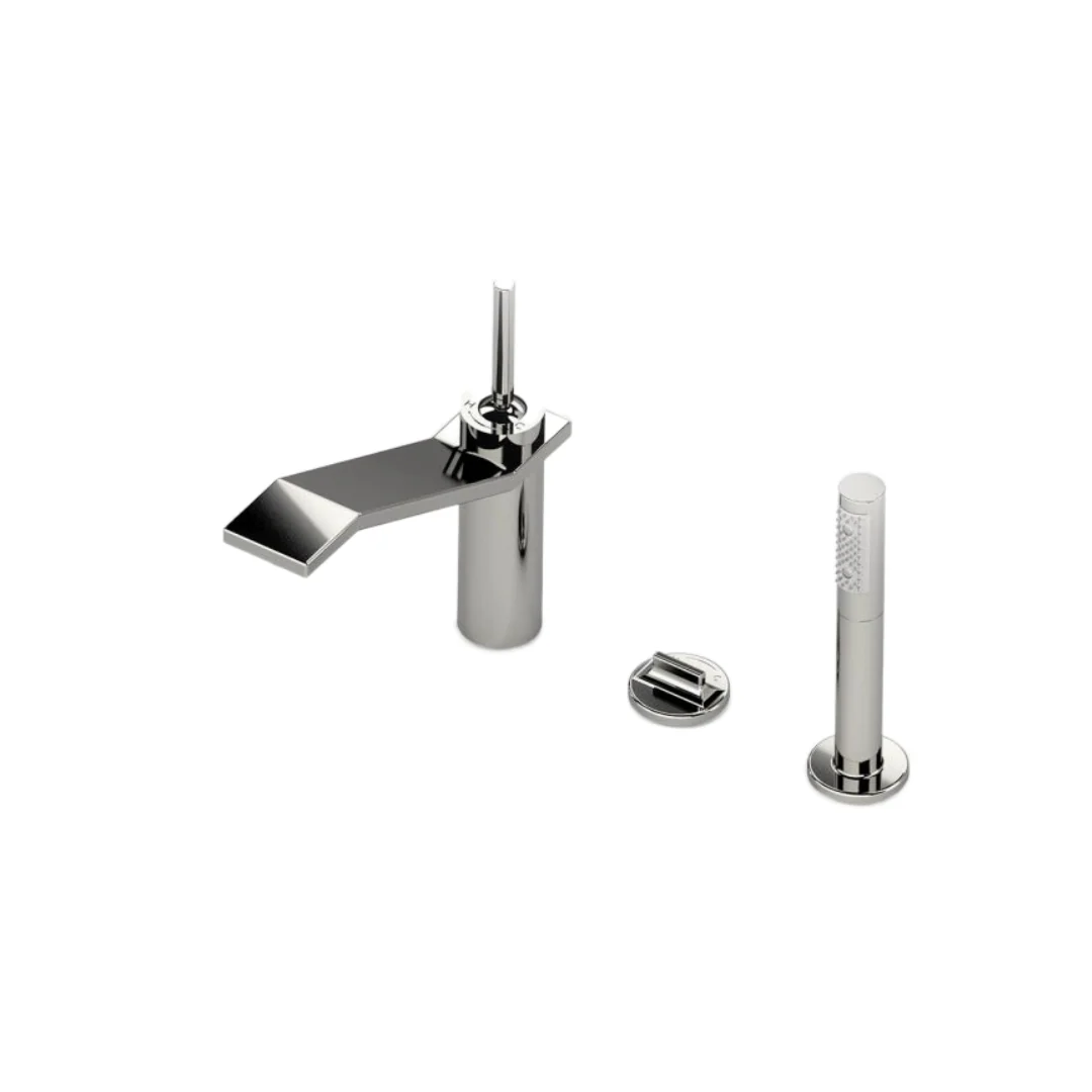 Waterworks Formwork Deck Mounted Exposed Tub Filler with 1.75gpm Handshower and Metal Joystick Handle in Brass