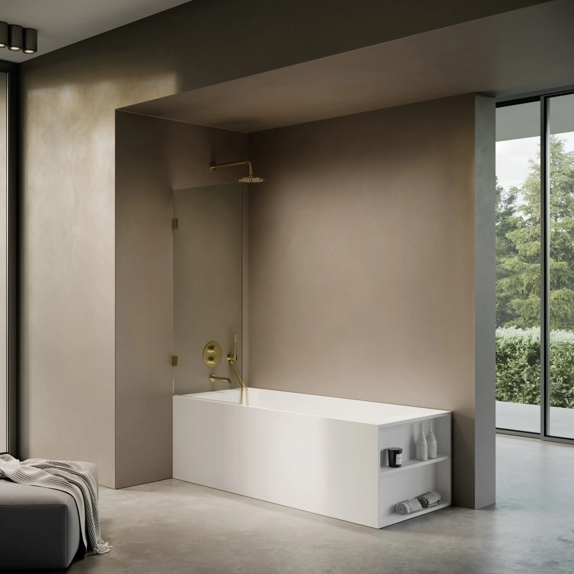 Cabina Brushed Gold Frameless Hinged Bath Shower Screen 800mm